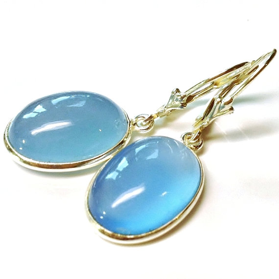 925 Sterling silver natural aqua blue chalcedony earrings, drop dangle earrings, large chalcedony, fleur de lys, gemstone earrings,