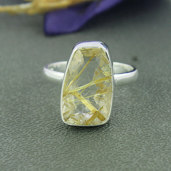 Golden Yellow Rutile Quartz Ring, Solid 925 Sterling Silver Ring, November Birthstone Ring Jewelry, Faceted Gemstone 