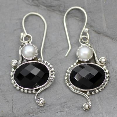 Akoya Pearls and Onyx Handcrafted Sterling Silver Earrings, 'Magical Moons