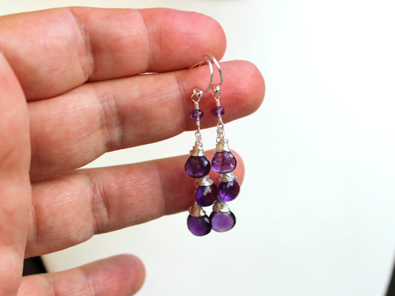 Amethyst Earrings Dangle Sterling Silver Purple Gemstone Trio Briolette Earrings