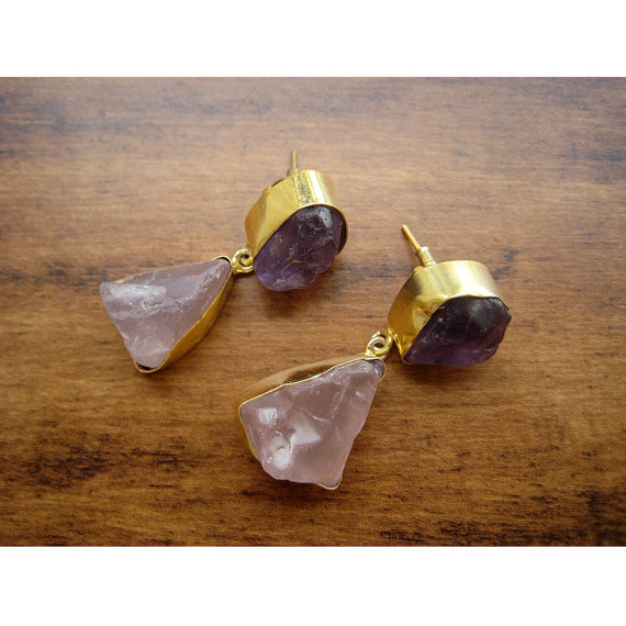 Amethyst Earrings Rose Quartz Earrings Gold Earrings Dangle Earrings Statement Earrings Gemstone Earrings Raw Amethyst Raw Rose Quartz