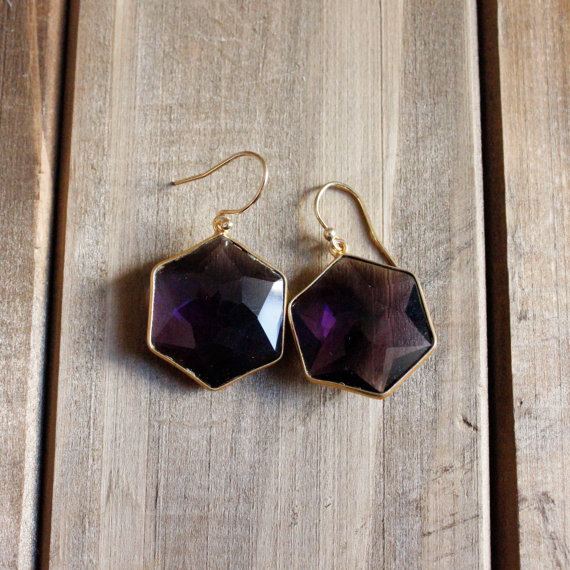 Amethyst Hexagon Drop Earrings Amethyst Hexagon Dangle Earrings Amethyst Gemstone Earrings Gemstone Bohemian Simple Earrings.