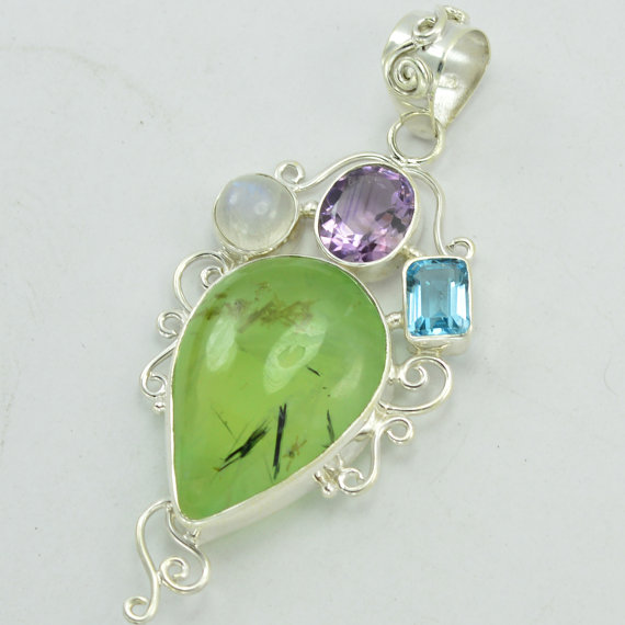 Amethyst Pendant - Big Prehnite Pendant - Big Stone Pendant - Genuine moonstone Pendant - Blue Topaz Pendant - natural rainbow pendant