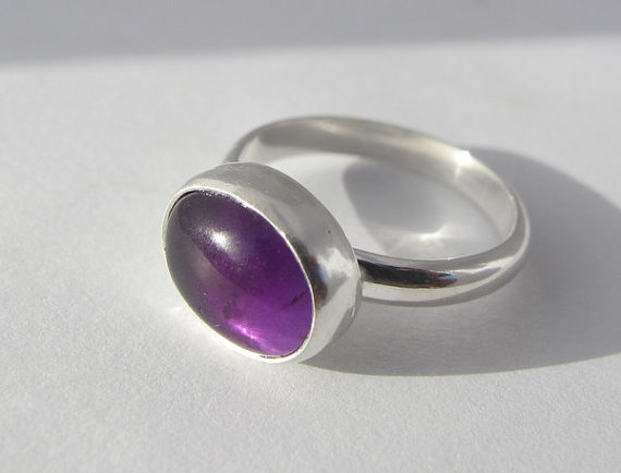 Amethyst Ring, Sterling Silver Ring, Oval Natural Amethyst Cabochon, Gemstone Ring