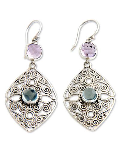 earrings\Amethyst and Blue Topaz Dangle Earrings, 'Two Lives