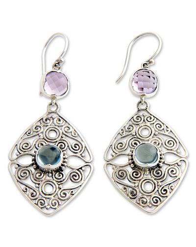 Amethyst and Blue Topaz Dangle Earrings, 'Two Lives