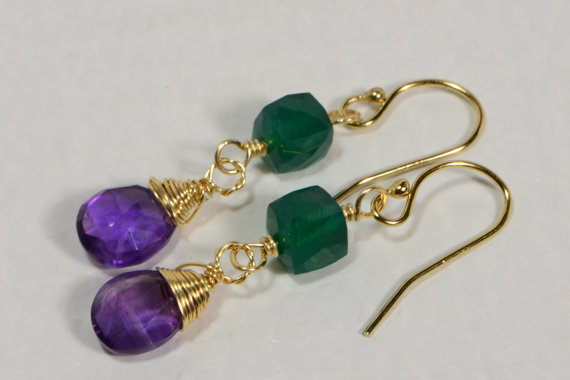 Amethyst and Green Onyx Gemstone Earrings 14 K Gold filled Earrings