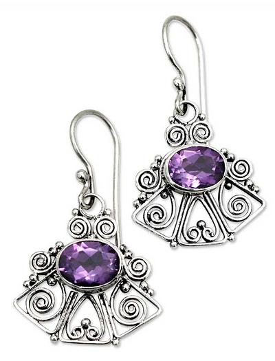 Amethyst dangle earrings, 'Balinese Bell'