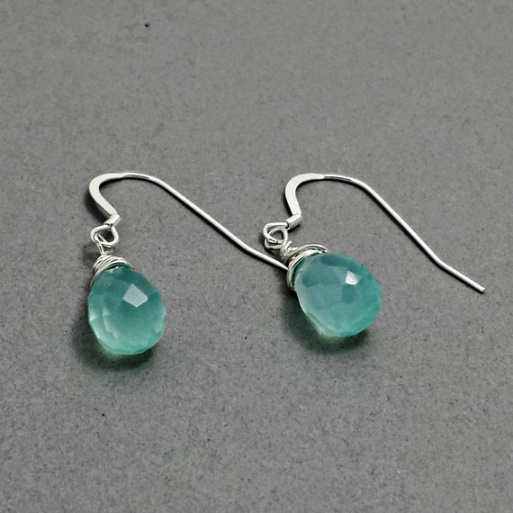 Aqua Blue Chalcedony Earrings, Sterling Silver Wire Wrap Earrings, Blue Teardrop Dangle, Blue Gemstone Earrings,Blue Earrings