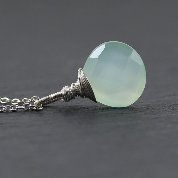 Aqua Chalcedony & Sterling Silver Pendant. Wire Wrapped Necklace. Faceted Heart Pendant. Gemstone Jewellery. Blue Pendant. Green Pendant