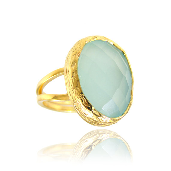 Aqua Chalcedony Gold Gemstone Ring - Big Gemstone Ring - Oval Ring - Big Stone Ring - Freeform ring.