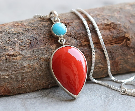 Artisan Coral turquoise pendant - Drop pendant - Bezel set pendant - Gemstone pendant