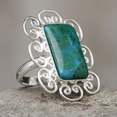 Artisan Crafted Chrysocolla and Sterling Silver Ring, 'Andean Purity'.