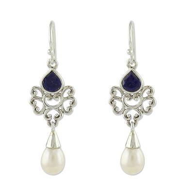 Artisan Crafted Pearl and Lapis Earrings, 'Azure Crown'