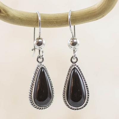 Artisan Crafted Sterling Silver Black Jade Dangle Earrings, 'Black Tear'