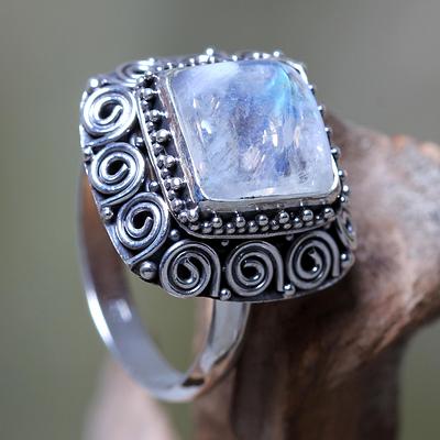 Artisan Crafted Sterling Silver Ring with Rainbow Moonstone, 'Celuk Treasure