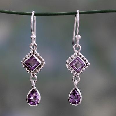 Artisan Crafted Sterling Silver and Amethyst Earrings, 'Purple Spark