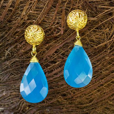 Artisan Jewelry Gold Vermeil Chalcedony Handcrafted Earrings, 'Blue Serenade