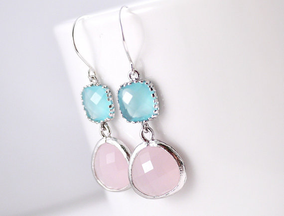 Baby Blue and Pink Earrings, Drop, Dangle, Gemstone Earrings