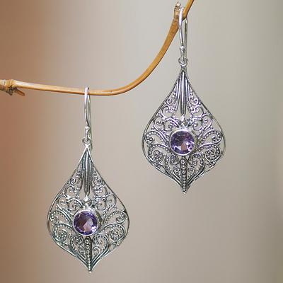 Balinese Style Amethyst and Sterling Silver Dangle Earrings, 'Shine On'