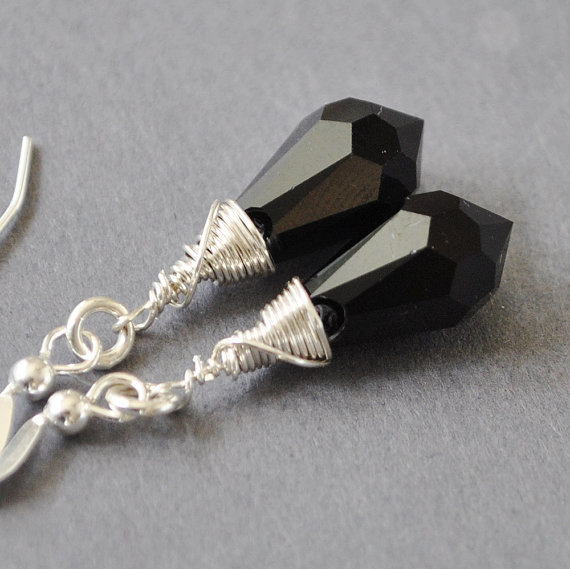 Black Crystal Earrings - Swarovski Crystal Drop Earrings - Jet Black Earrings - Wire Wrapped Earrings - Handmade Sterling Silver Jewelry