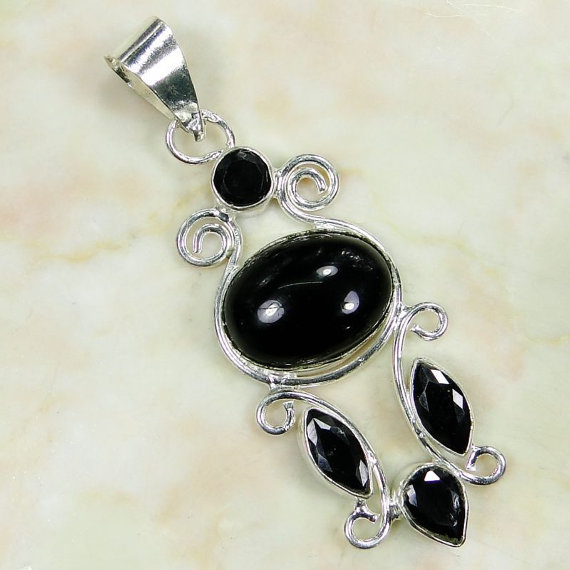 Black Onyx 925 Sterling Silver Overlay PENDANT 42mm - gems gemstones gemstone
