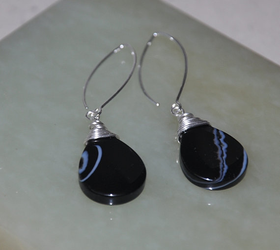 Black Onyx Earrings, Sterling Silver, Teardrop Earrings, Dangle Earrings, Gemstone Earrings, Black and White, Onyx Jewelr