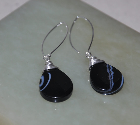 Black Onyx Earrings, Sterling Silver, Teardrop Earrings, Dangle Earrings, Gemstone Earrings, Black and White, Onyx Jewelry