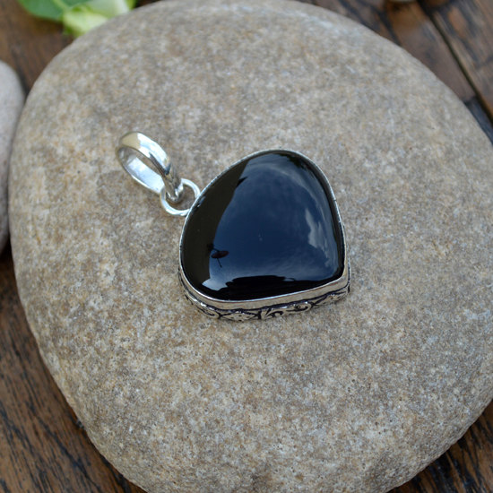 Black Onyx Gemstone Pendant - Heart Shape Artisan Handmade 925 Silver Jewelry - Bezel Set Birthstone Pendant - Unique Gift Jewelry