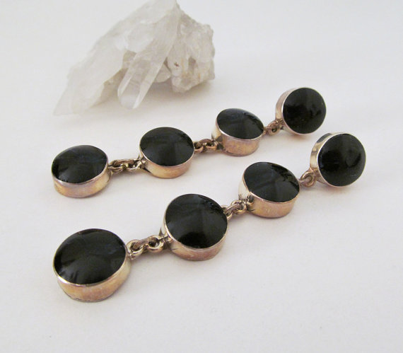 Black Onyx Sterling Silver Earrings, Vintage Mexico Jewelry, Gemstone Earrings, Onyx Jewelry, Exotic Bold Dramatic Earrings, Long Earrings