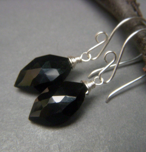 Black Spinel Earrings, Sterling Silver, Everyday Black Earrings, Briolette Gemstone Earrings, Wirewrapped Black Dangle, Marquis Gemstone