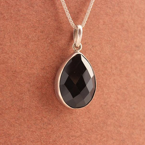 Black pendant - Black onyx pendant - Bezel pendant - Tear drop pendant - Faceted pendant