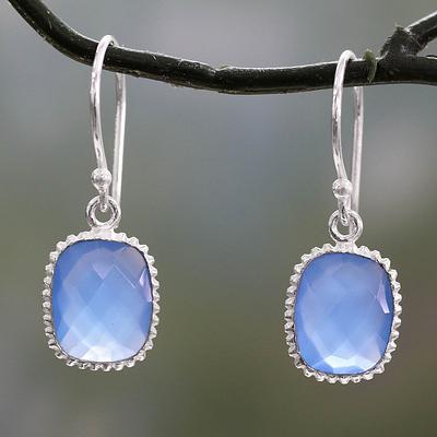 Blue Chalcedony Dangle Earrings in Polished 925 Silver, 'Delhi Sky'