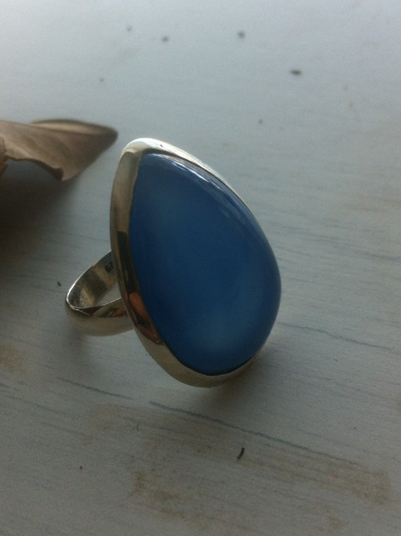 Blue Chalcedony Ring Pear Shaped Blue Chalcedony tear drop Chalcedony Ring 925 Sterling Silver Size 8,9 Blue Chalcedony Ring