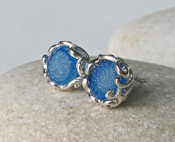 Blue Earring- Blue Druzy Earrings- Bridesmaid Earring- Anniversary Gift- Druzy Earring- Gemstone Stud- Blue Stone Earring-