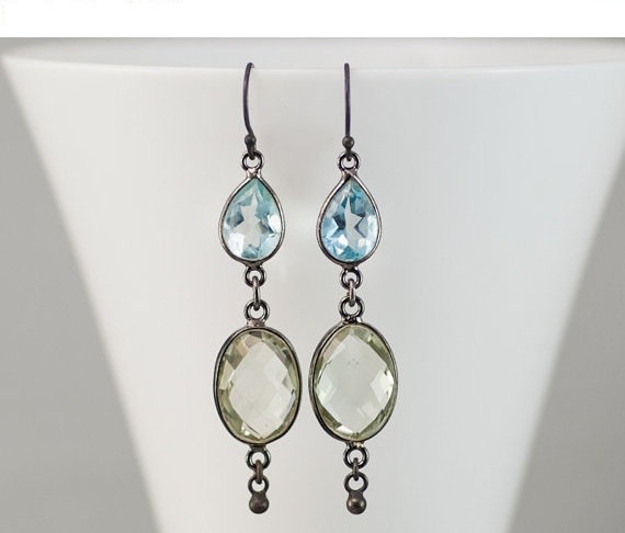 Blue Topaz Earrings - Oxidized Silver Earrings - Green Amethyst Gemstone Earrings - Long Dangle Earrings