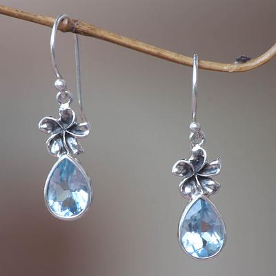 Blue Topaz Floral Earrings, 'Plumeria Dew'