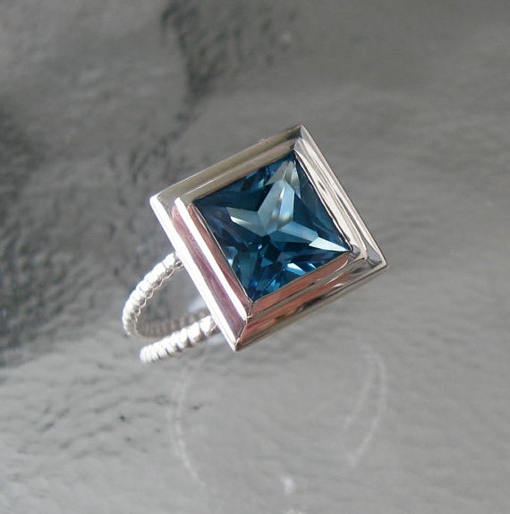 Blue Topaz Ring, Double Shank, Princess Cut, Sterling Split Rope Band,