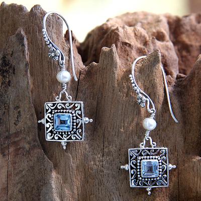 Blue Topaz and Pearl Silver Dangle Earrings, 'Celuk Muse'