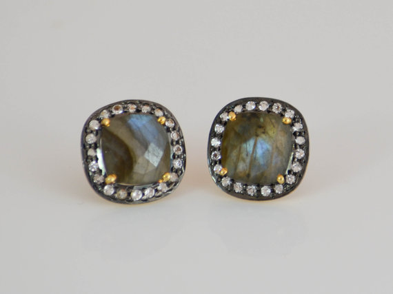 Blue labradorite earrings, Pavé White Topaz earrings, Cushion Earrings, faceted gemstone earrings, pave jewelry, pave earrings, pave studs