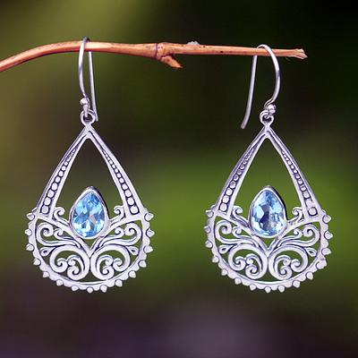 Blue topaz floral earrings, 'Denpasar Light'