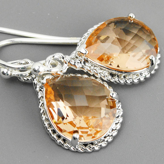 Bridal Jewelry - Peach Champagne Bridesmaid Earrings - Blush Peach Glass Drop Earrings - Wedding Jewelry - Bridesmaid Gift