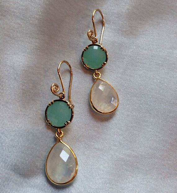 Bridal Moonstone Earrings with Mint and Gold  Moonstone and Gold Bridal or Bridesmaid Earrings