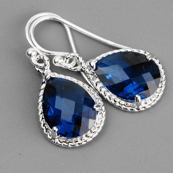 Bridesmaid Earrings - Navy Blue Earrings - Silver Blue Glass Drop Earrings - Sapphire Blue Bridesmaid Gift