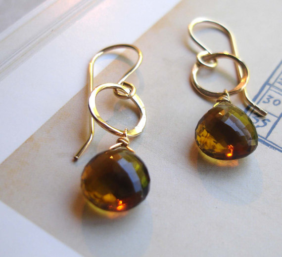 Brown gemstone earrings, brown quartz drop gold earrings, cognac quartz gold earrings, whiskey quartz circle earrings, quartz hoops handmade