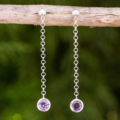 Brushed Sterling Silver and Amethyst Long Earrings, 'Light'
