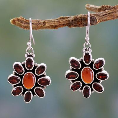 Carnelian Floral Earrings with Garnet Petals, 'Passionate'