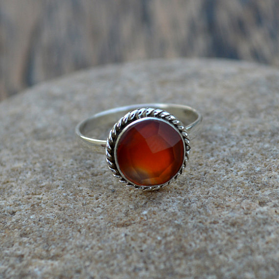 Carnelian Gemstone Ring- Solid 925 Sterling Silver Ring- Round Faceted Orange Ring- Birthstone Ring Jewelry- Gift Ring