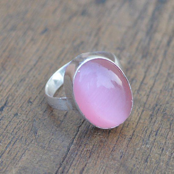 Cat's Eye Ring - 925 Silver Ring - Solitaire Ring - Birthstone Pink Gemstone Ring - Handmade Gift Jewelry - Bezel Ring