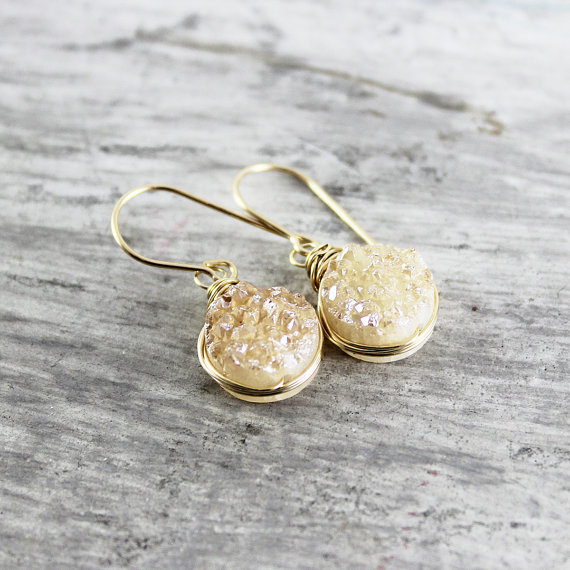 Champagne Druzy Earrings, Druzy Quartz Earrings, Peach Druzy Earrings, Gold Gemstone Earrings, Small Dangle Earrings, Wire Wrap Earrings